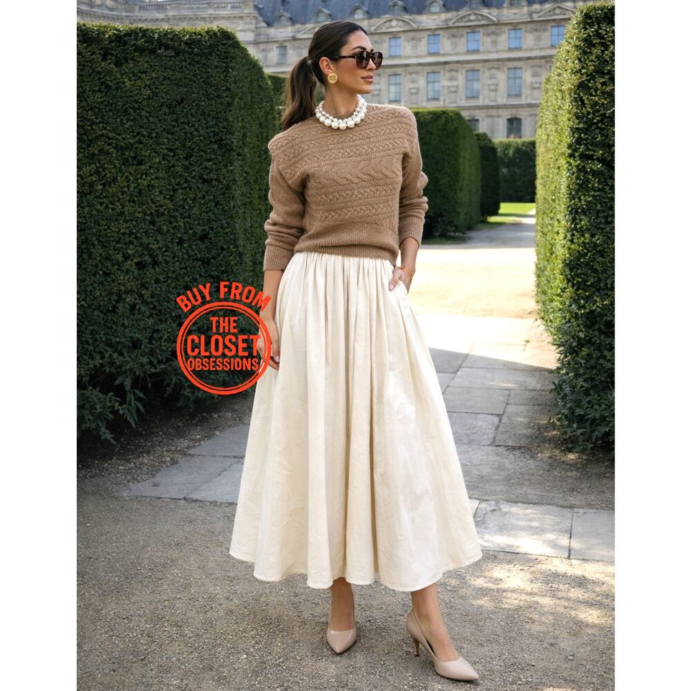 Zara NWT Cream Textured Cotton High Waist Pleated Full Midi Skirt M L - Picture 5 of 16